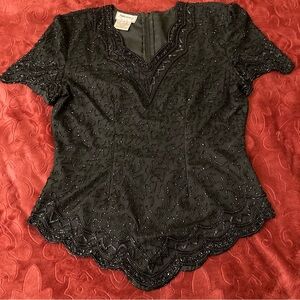 Vtg Stenay Silk Black Beaded Blouse Back Zip Scalloped Hem Sz L